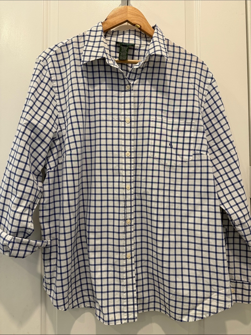 Lauren Ralph Lauren White and Blue Windowpane Button-Down Shirt